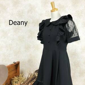 ディアニー Deany ドレス M ブラック ひざ丈 フリル レース シースルー袖 半袖 黒 ワンピース かわいい 結婚式 二次会 ブラウス襟 B-562