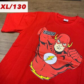 新品未使用130XLジャスティスリーグFLASHフラッシュ赤ロゴマーク半袖Tシャツ子供服キッズアメコミヒーローフォートナイト