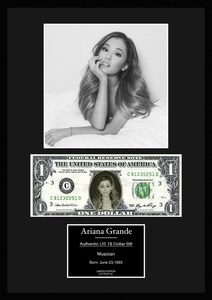 限定!人気【アリアナ・グランデ/Ariana Grande】POP/R&B/ポップ/写真/本物USA1ドル札フレーム証明書付き/モノクロ/4