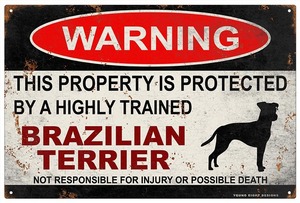 雑貨【brazilian terrier/ブラジリアン・テリア】WARNING/Dog/ドッグ/犬/警告/ヤードサイン/メタルプレート/ブリキ看板-273