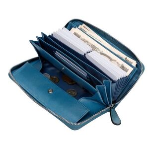 ☆圧倒的な収納力と機能性☆ イタリアンレザー 大容量 長財布 カード入れ 本革 牛革 メンズ レディス カード18枚 ブルー系