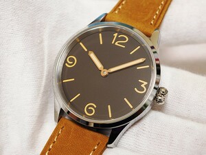 ☆新品 PARNIS ノーロゴ ミリタリーウォッチ 43mm コーヒー文字盤 機械式手巻き腕時計