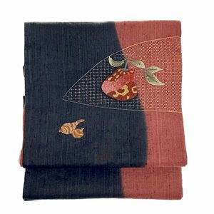 【 九寸名古屋帯 】汕頭刺繍　相良刺繍　3大刺繍　どんぐりと果物