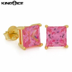 【トップの幅 6mm】King Ice キングアイス ピンク プリンセスカット スタッド ピアス ゴールド Pink Princess-Cut Stud Earrings メンズ