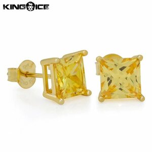 【トップの幅 8mm】King Ice キングアイス イエロー プリンセスカット スタッド ピアス ゴールド Yellow Princess-Cut Stud Earrings