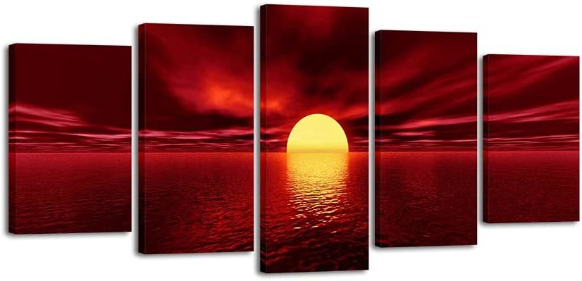 Set of 5 Stylish Art Panels Sun Canvas Wall Hanging Canvas Painting Sunrise Sunset Landscape Sea Coast New Modern Art Large Size, Artwork, Painting, others
