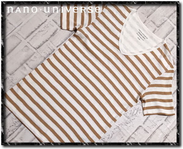 未使用!!★nano・universe ナノユニバース VネックボーダーTシャツ 白×茶★