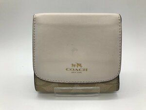 ■【YS-1】 コーチ COACH 財布 ■ 白系 × 茶系 3つ折り 小銭入れ有り 横10,5cm×縦10cm 【同梱可能商品】K■