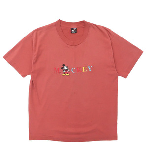 古着 90年代 USA製 フルーツオブザルーム 刺繍Tシャツ ミッキーマウス ディズニーキャラクター ピンク ビンテージ サイズ表記：L　gd81129