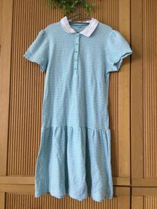 美品★150 UNIQLO ポロワンピース (ポロシャツワンピースTシャツワンピース140女の子グリーン緑方ボーダーロングワンピース