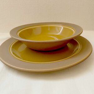 新品 2枚セット プレート大皿　スープ皿　ハニーアンバー黄色　日本製　