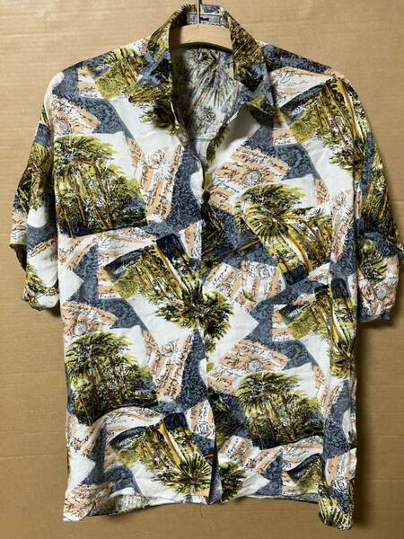 USED engbers Printed Rayon Shirt 中古 レーヨン 半袖 プリント シャツ サイズ Medium 送料無料