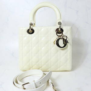 CH003 Lady Dior レディーディオール ミディアム Christian Dior カナージュ オフホワイト パテントレザー 付属品完備 鑑定済正規品