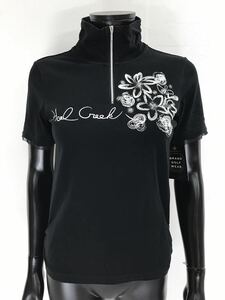 【USED】Heal Creek ヒールクリーク 綿 ハーフジップ ハイネック 半袖 シャツ ブラック 黒 レディース 40 M ゴルフウェア