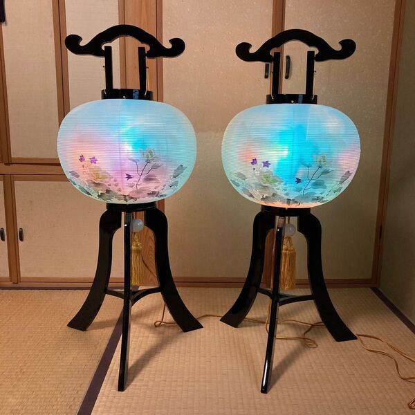 【正絹 本塗】盆提灯 大内行灯 正絹張り 墨絵 本塗 12号一対