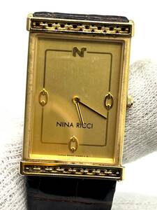 【電池切れ】NINA RICCI ニナリッチ クォーツ 腕時計 ゴールド文字盤 ブラウンレザーベルト ベゼルチェーン レディース 8420-6160