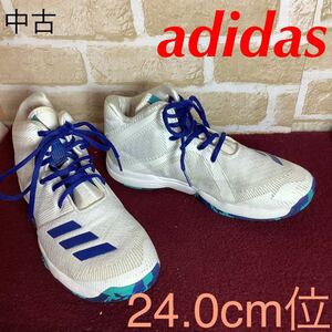 【売り切り!送料無料!】A-249 adidas!バスケットシューズ!白!青!24.0cm位!バスケ!部活!趣味!スポーツ!中古!