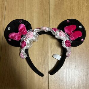 ディズニー☆ミニー　カチューシャ　ピンクリボン　バラ　薔薇　レース　レア　TDL ビンテージ　ヴィンテージ