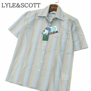 未使用★ LYLE&SCOTT ライル＆スコット 春夏 クール ウール ロゴ刺繍 半袖 マルチ ストライプ シャツ Sz.S　メンズ 日本製　A3T06266_6#A