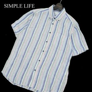 SIMPLE LIFE シンプルライフ レナウン 春夏 麻 リネン100％★ ストライプ 半袖 シャツ Sz.LL　メンズ 大きいサイズ　A3T06834_6#A