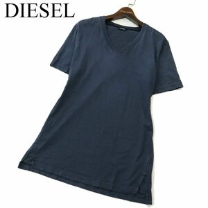 DIESEL ディーゼル 春夏 ダメージ加工★ 半袖 Vネック カットソー Tシャツ Sz.M　メンズ ネイビー　A3T07139_6#D