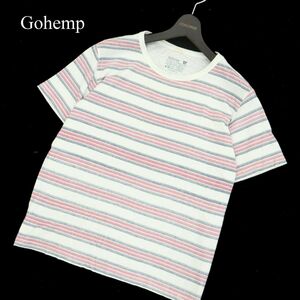 Gohemp ゴーヘンプ 春夏 ヘンプ&オーガニックコットン★ デザイン ボーダー 半袖 カットソー Tシャツ Sz.M　メンズ 白　A3T07288_6#D