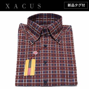 【新品タグ付】イタリアファクトリーブランド XACUS シャツ コットン ボタンダウン チェック柄 ブラウン ネイビー Lサイズ