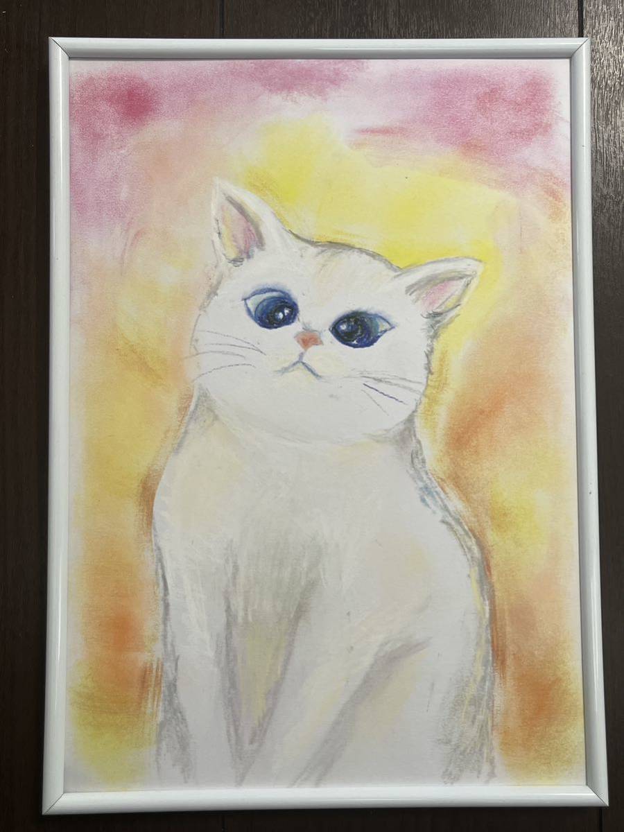 pintura pastel gatito gato blanco chinchilla pintura de gato feng shui amarillo dinero suerte pintura regalo hecho a mano gato blanco pelo largo, obra de arte, cuadro, otros