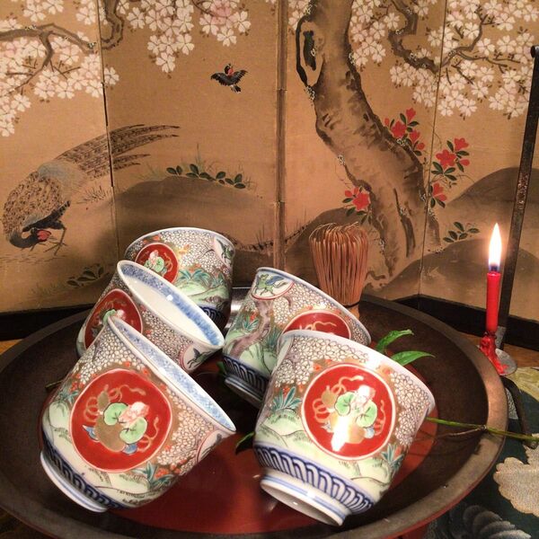 A687 古伊万里 金蘭手 桜に仙人 翼馬伝紋様 大猪口(向付)5客