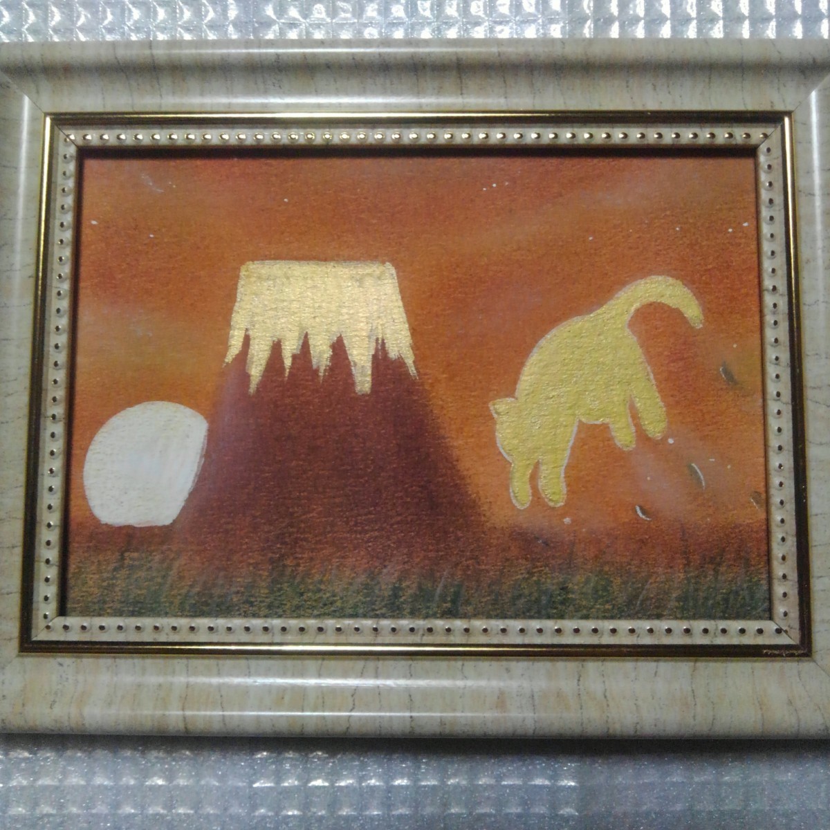 [Entrega anónima] Cuadro Fuji rojo y gato con marco tamaño L, obra de arte, cuadro, pintura al pastel, dibujo con crayón