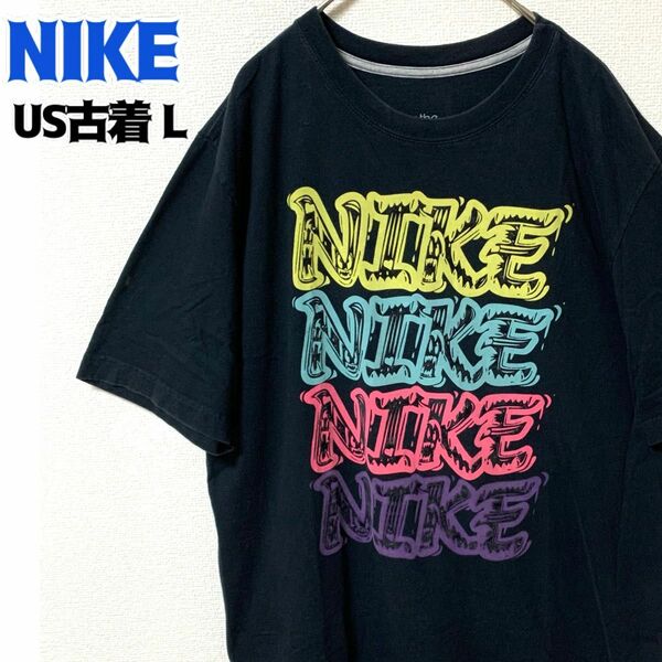 US古着NIKE ナイキ 半袖Tシャツ 4段ロゴプリント ブラック ヴィンテージ