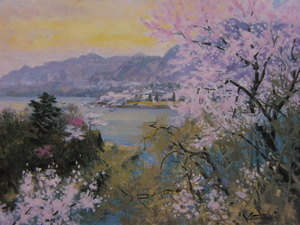 Art hand Auction Kawazuki Senkan, [Lago Sagami], De un libro de arte raro, Buen estado, Nuevo enmarcado de alta calidad., envío gratis, Cuadro japonés de flores de cerezo., cuadro, pintura al óleo, Naturaleza, Pintura de paisaje