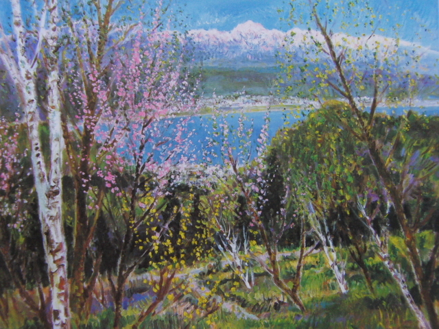 Katsuaki Kakiuchi, [Un col de montagne surplombant le lac Suwa et les montagnes Yatsugatake, avec des fleurs de cerisier en fleurs], Extrait d'un livre d'art rare, En bonne condition, Tout neuf avec un cadre de haute qualité, livraison gratuite, Tableau japonais fleur de cerisier, Peinture, Peinture à l'huile, Nature, Peinture de paysage