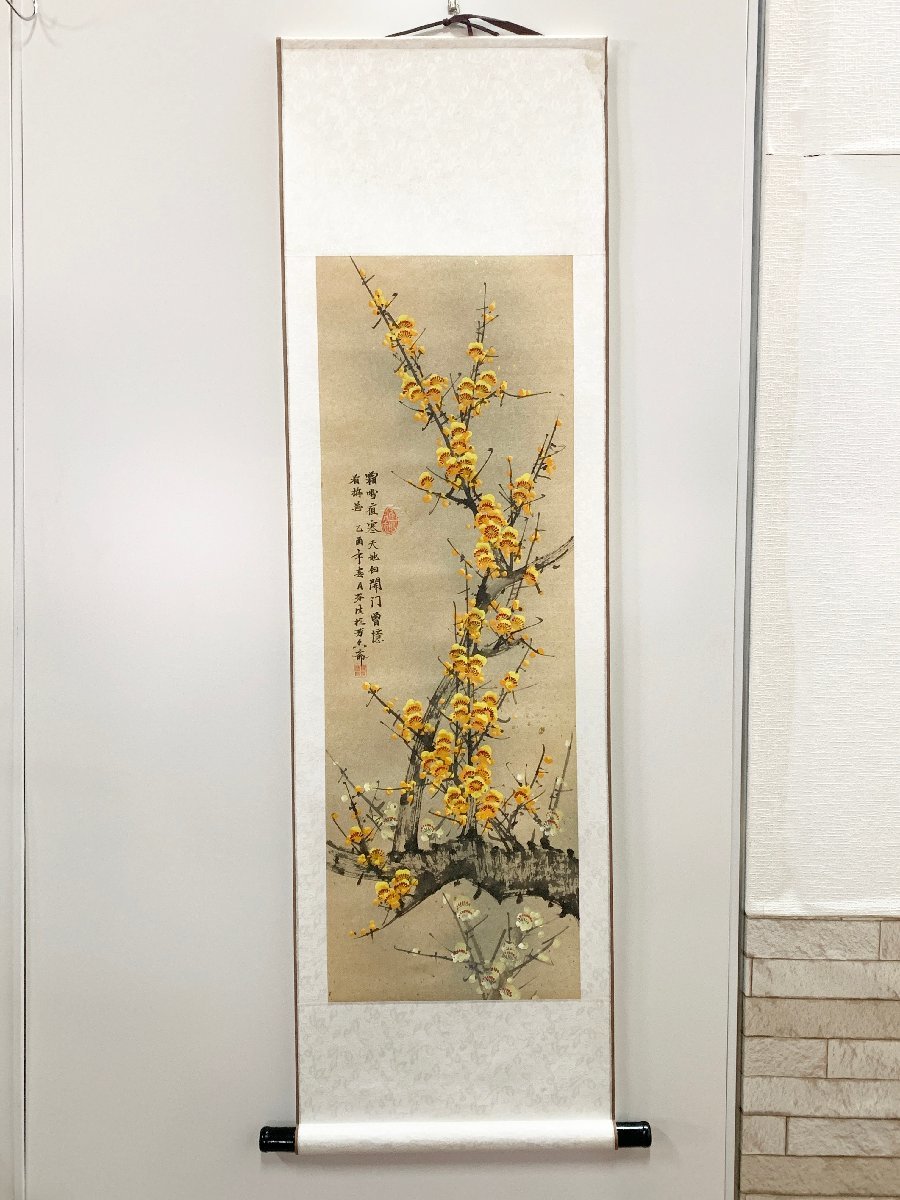 Chinese Painting Yellow Plum Painting Hanging Scroll Hanging Scroll Handwritten Authentic Inscription Signed Same Box Artwork Antique Art Calligraphy Painting Chinese Poetry Artist Unknown, painting, Japanese painting, flowers and birds, birds and beasts