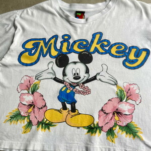 90年代 Disney ディズニー ミッキーマウス ショート丈 キャラクタープリントTシャツ メンズ レディースXL相当 レディース