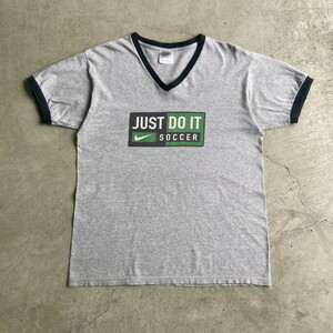 90年代 USA製 NIKE ナイキ JUST DO IT SOCCER Vネック リンガー プリントTシャツ メンズM