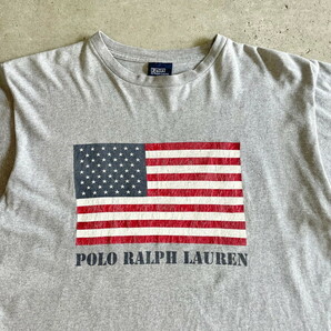 90年代～ Polo by Ralph Lauren ポロバイラルフローレン 星条旗 フロントロゴ プリントTシャツ メンズLの画像3