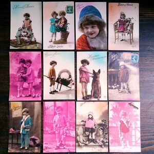 12枚セット(D)◆子供 少女 少年 アンティークポストカード◆フランス ドイツ ベルギー イタリア イギリス 外国絵葉書