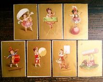 7枚セット◆フランス アンティーク クロモス カード N83 (17)◆少年 少女 子供 楽器 サーカス クロモ カード_画像1