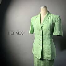 クリーニング済 フランス製 HERMES エルメス ヴィンテージ 半袖 スーツ スカート ジャケット グリーン系 レディース セット 615-5_画像1
