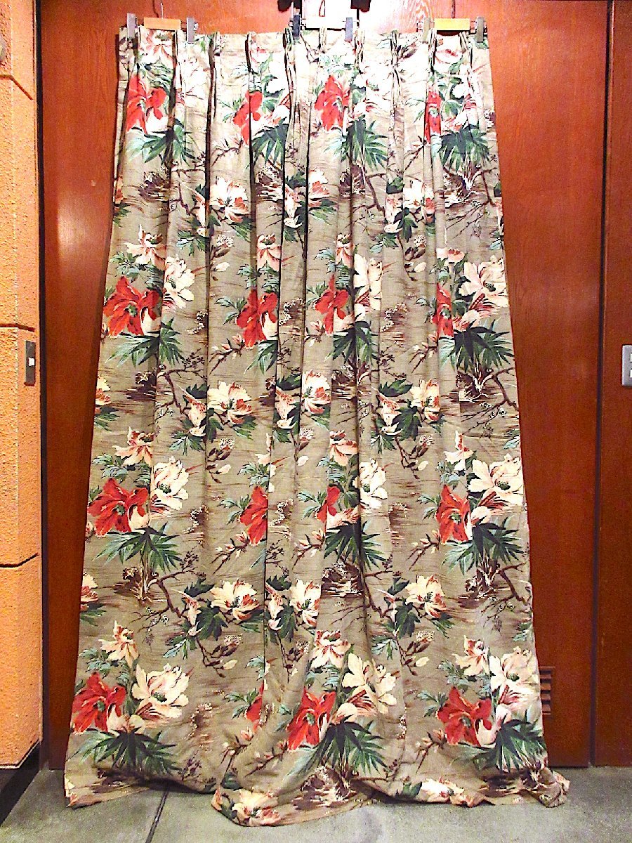 Vintage 40's ● Bark Cross Flower Pattern Curtain B size 220cm x 115cm ● 230620m2-fbr Fabric Interior Goods, Handmade items, curtain, fabric, curtain, Cafe Curtains