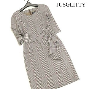 JUSGLITTY ジャスグリッティー 通年 7分袖♪ リボン ラッフル チェック ワンピース Sz.0　レディース 日本製 定価2.8万　D3T00458_3#F