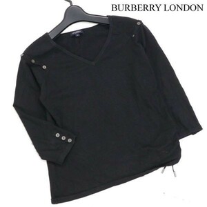 BURBERRY LONDON バーバリー ロンドン 春夏 ホース刺繍♪ シャーリング 釦デザイン 7分袖 カットソー Sz.2　レディース 黒　D3T00714_4#D