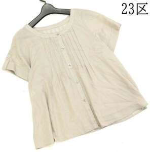 23区 春夏 リネン混♪ 半袖 タック プリーツ入り ノーカラー ブラウス シャツ Sz.38　レディース　D3T00510_4#D