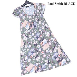 Paul Smith BLACK ポールスミス ブラック 春夏 ピクニック ティーセット 転写 総柄♪ 半袖 ワンピース Sz.M　レディース　D2T01217_6#A