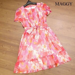 MAGGY 銀座マギー 春夏 リボン♪ フローラル総柄 半袖 フレア ワンピース Sz.40　レディース 日本製　D3T01102_5#D