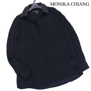 MONIKA CHIANG モニカチャン ドレステリア取扱♪ 襟レザー 切替♪ シルク100% 長袖 シャツ ブラウス Sz.S　レディース 黒　D2T00574_3#A