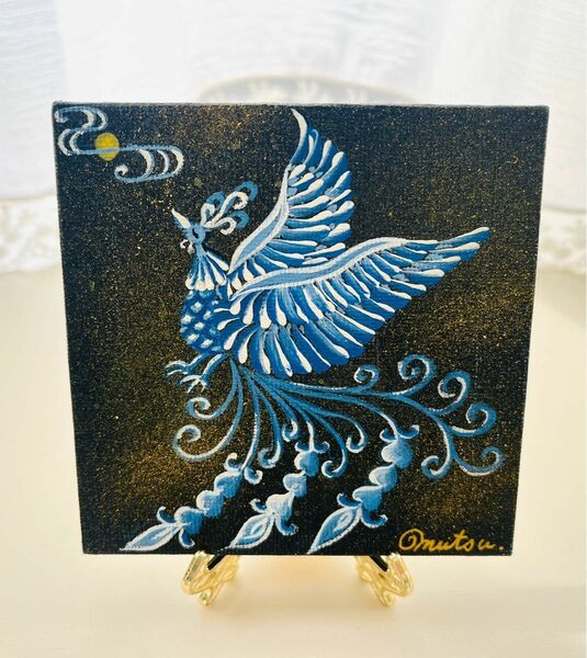 「幸せの青い鳥」自作、一品物10cm×10cmのキャンバスにアクリル絵の具で彩色。（イーゼル付き、鉄豆カン付き、ラッピング）