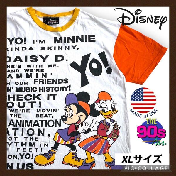 DISNEY originals ディズニー 半袖Tシャツ メンズ XL ラップT レア 白 送料無料 ラップT ミニー デイジー 海外 90s ヴィンテージ 古着