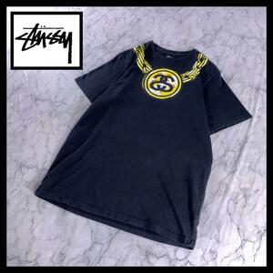 STUSSY Tシャツ シャネルロゴ チェーン ネックレス 黒 金 M